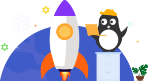 Rocket and penguin illustration for coding camp promo