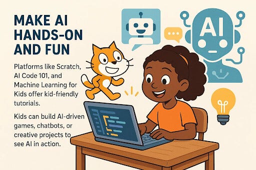 Child creating an AI-powered game using Scratch and learning AI concepts hands-on