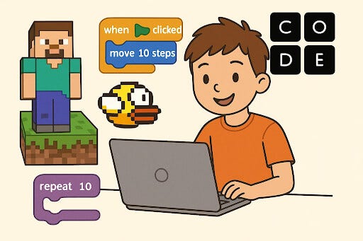Kids playing coding games and learning with Code.org projects