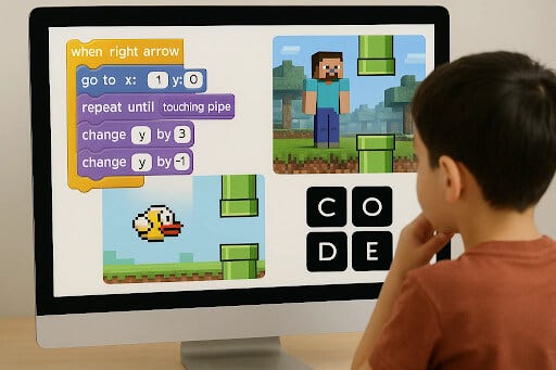 Child learning to code on Code.org on his computer and build games like Flappy Bird and Minecraft for kids