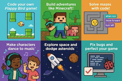 Kids learning coding by creating and playing interactive games like Minecraft and Flappy Bird on Code.org
