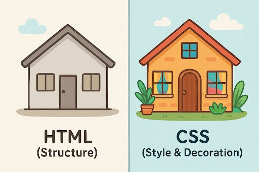 House analogy: HTML (plain) vs. CSS (decorated) house