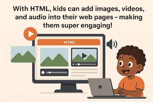 A child embedding images, videos, and audio files into a web page