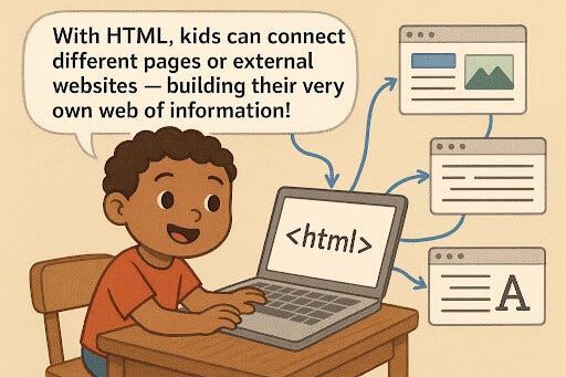 A child creating clickable links to connect different pages or websites