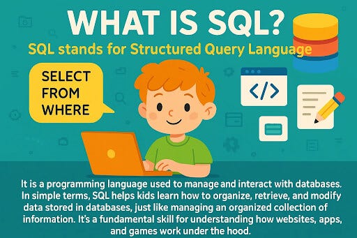Child learning SQL commands to manage a database