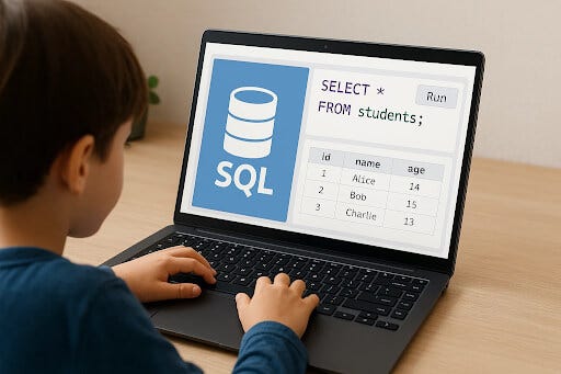 Child writing SQL queries for website project