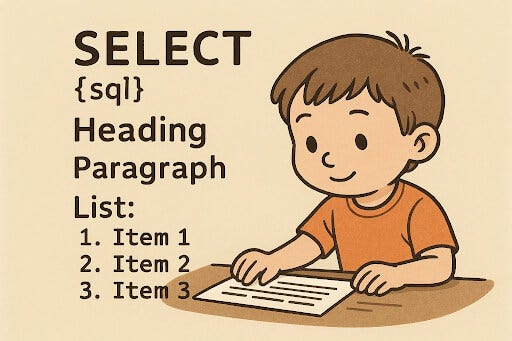 A child organizing text with headings, paragraphs, and lists in SQL