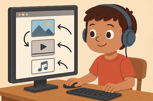 A child embedding images, videos, and audio files into a web page