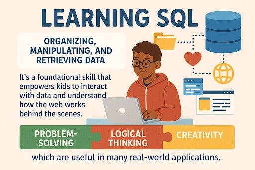 A high school student learning SQL organizing, manipulating, and retrieving data