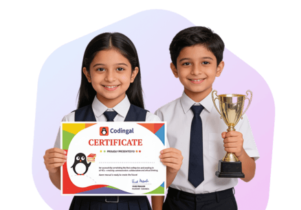 Codingal certification - students holding certificate and trophy