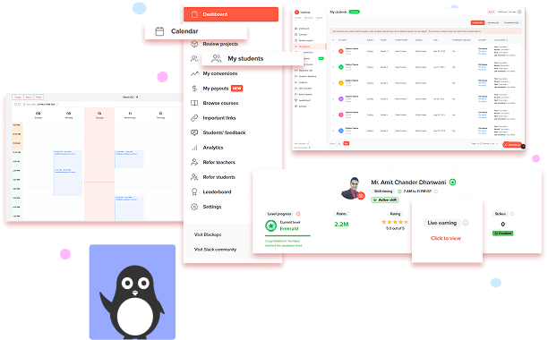 Educator dashboard with calendar and student views